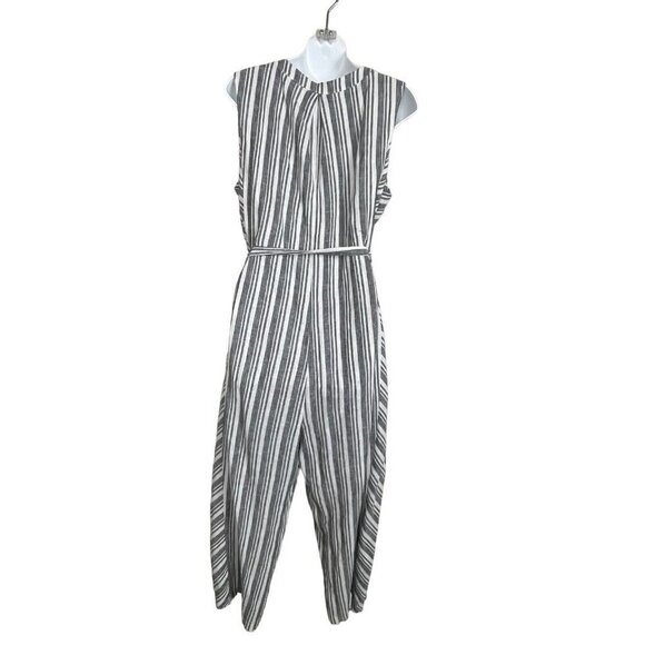 Laundry Shelli Segal Sleeveless Jumpsuit Belt Gray White Striped Linen Blend‎ 12 - Picture 4 of 6